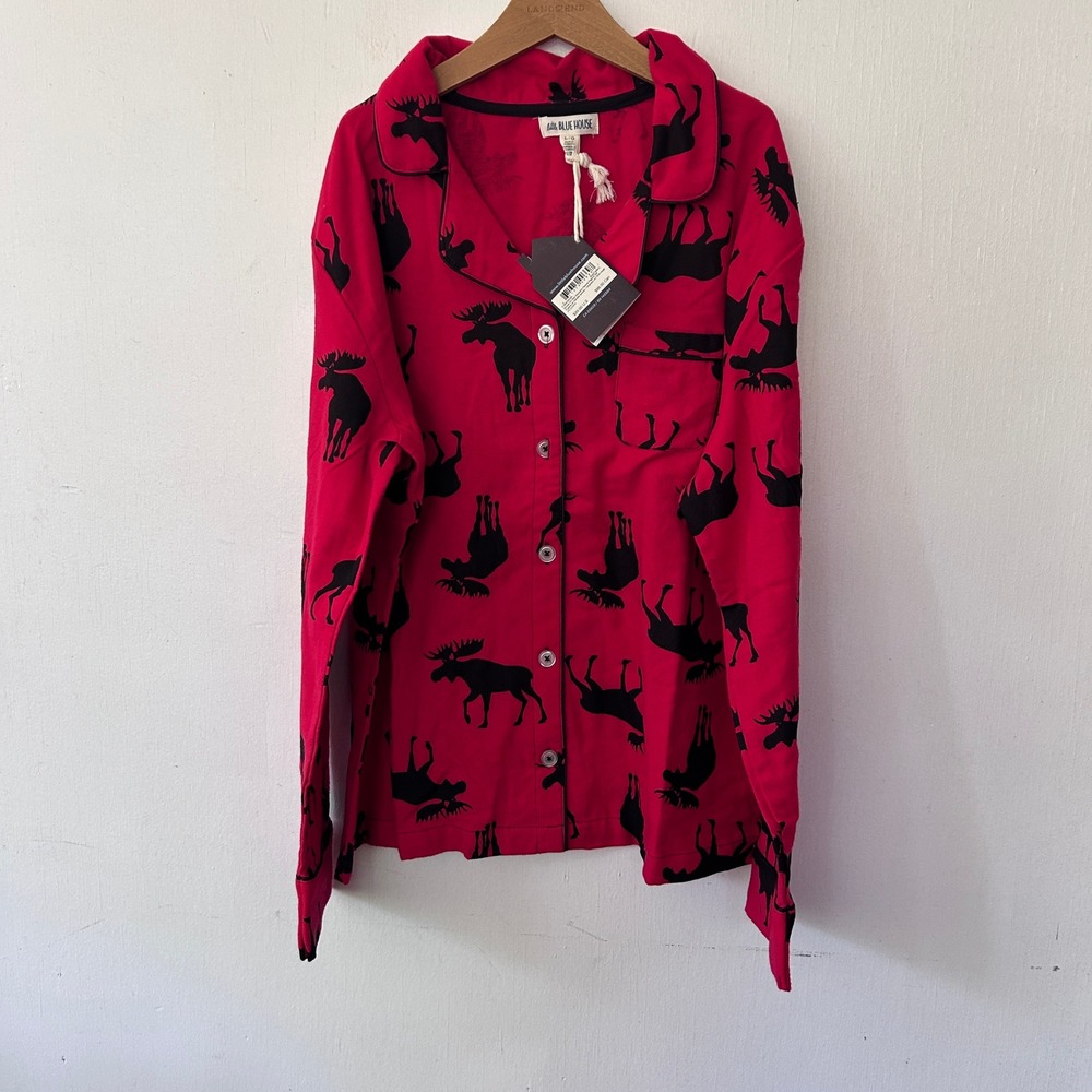 Little Blue House Pajama Top Women L Red Flannel Moose Print Lodgecore WT Cozy